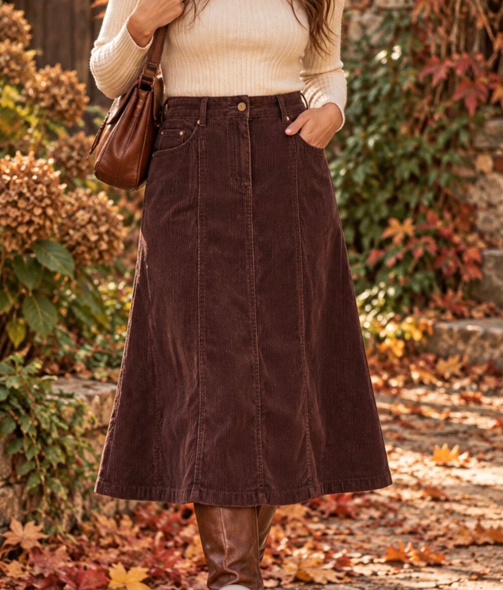 Vintage Christopher & Banks Brown Corduroy A-Line Midi Skirt Fall Academia 8